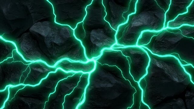 Electric Green Lightning on Dark Cracked Rock Surface Abstract Background Loop. Dynamic Energy Cracks on