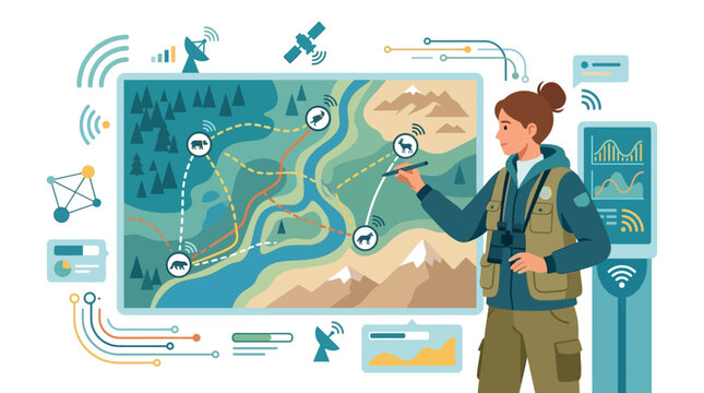 Female biologist tracking endangered wildlife on interactive digital map for conservation flat vector illustration