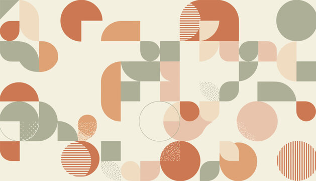 Modern abstract geometric pattern showing circles, semicircles, and textured shapes in soft terracotta and olive tones.