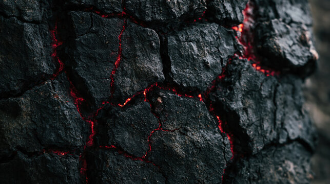 Black lava texture volcanic rock glowing crack dark surface fiery fissure rough stone hot magma abstract background mineral texture ember glow