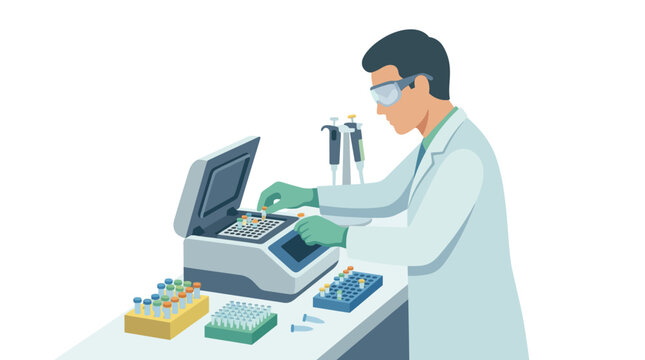Professional male scientist loading biological samples into a PCR machine in a modern laboratory flat design vector illustration.