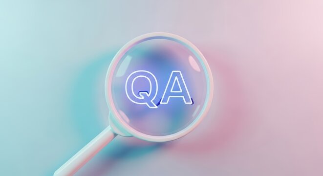 Magnifying glass over neon qa letters on a gradient background