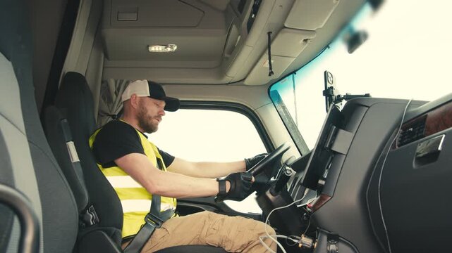 Tired truck driver falling asleep at the wheel