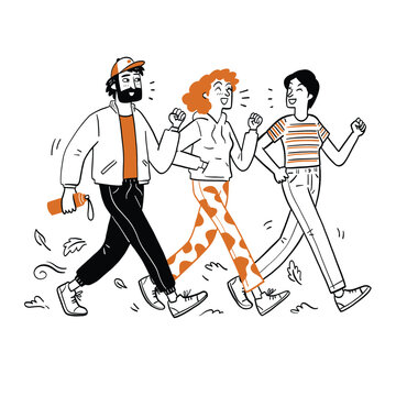 Stepping Forward: Friends Enjoying a Brisk Autumn Walk