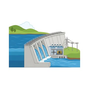 Illustration of a hydroelectric dam power station generating electricity from water flow in a landscape.