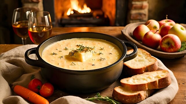 Premium fondue composition with crusty baguette green apples and glowing candle atmosphere
