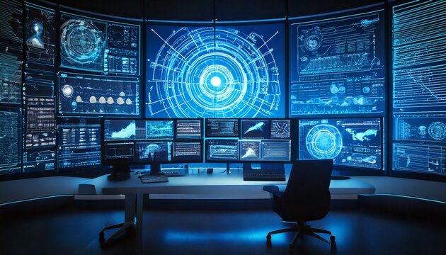 Advanced Cybersecurity Operations Center with Multiple Digital Monitoring Screens