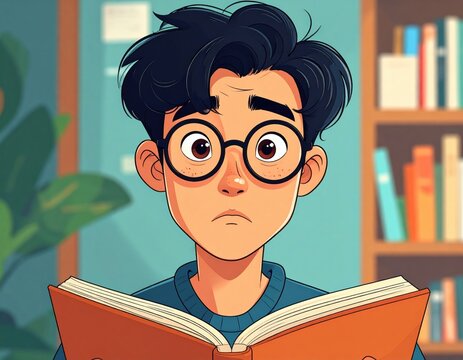 A young man with glasses reads a book with a confused expression, set against a cozy indoor background with bookshelves and a plant.