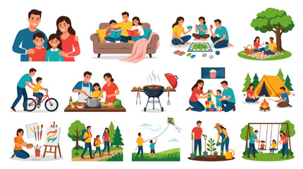 Fototapeta premium Flat Style Vector Icons: Family Activities, Leisure, Outdoor Fun, Home Life