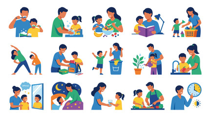 Fototapeta premium Happy Family Daily Routine Activities Flat Vector Illustration