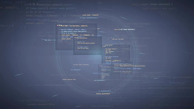 Abstract digital background with floating computer code and data streams in dark blue space