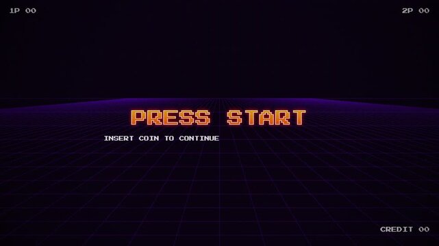 8Bit Retro Arcade Press Start Screen with Neon Synthwave Grid and Pixel Typography