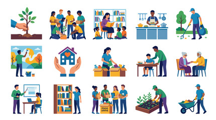 Fototapeta premium Flat Style Icons of People Volunteering, Helping Others, Community Service, Charity