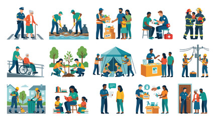 Fototapeta premium Diverse People Helping Community: Safety, Aid, and Volunteering Flat Vector Art