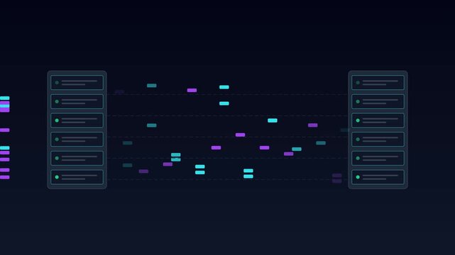 Digital data transfer network visualization with moving information packets and server nodes animation 4k