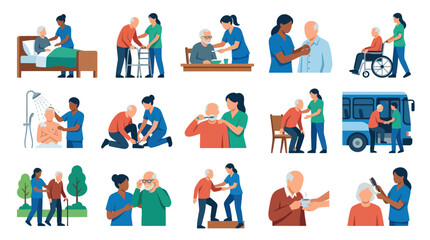Fototapeta premium Elderly Care and Senior Assistance Flat Vector Illustration Set: Caregivers Helping Older Adults with Daily Tasks