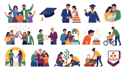 Fototapeta premium Human Life Cycle Milestones Flat Design Vector Illustration Set. Family, Wedding, Graduation, Home, Travel, Relationships
