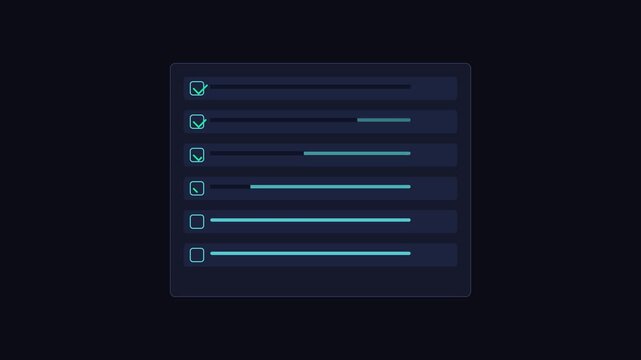 Digital progress bar loading animation with checkmarks and interactive task completion ui 4k