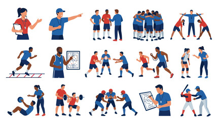 Fototapeta premium Flat Illustration of Diverse Sports Coaches Training Athletes in Team Sports