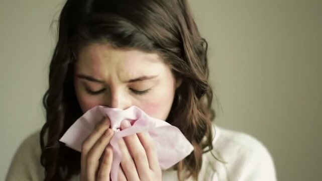 Woman blowing nose with a paper tissue.