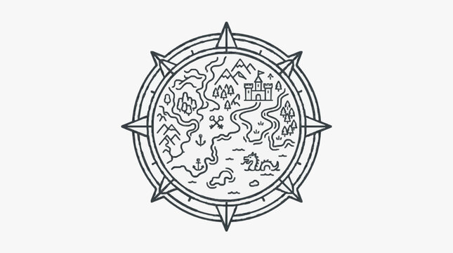 Clean Black and White Minimalist Fantasy Map Compass with Mountains Castles Forests and Islands