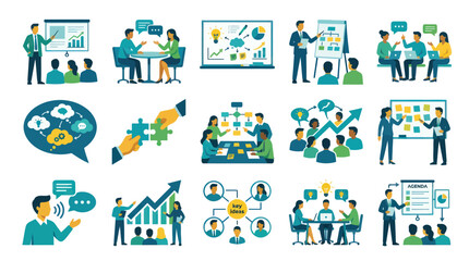 Naklejka premium Business Communication, Teamwork, and Strategy Flat Vector Illustrations Set for Corporate Meetings Ideas