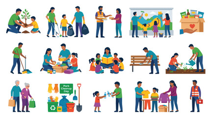 Fototapeta premium Volunteering and Community Service Flat Vector Illustration Collection: People Helping, Donating, and Cleaning