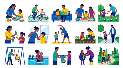 Fototapeta premium Healthy Family Lifestyle: Flat Vector Illustrations of Parents and Children Engaging in Wellness Activities