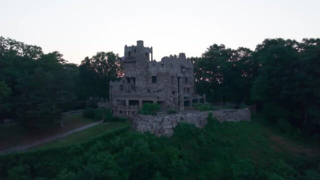 Summer aerial view featuring Gillette Castle in East Haddam, Connecticut at sunrise