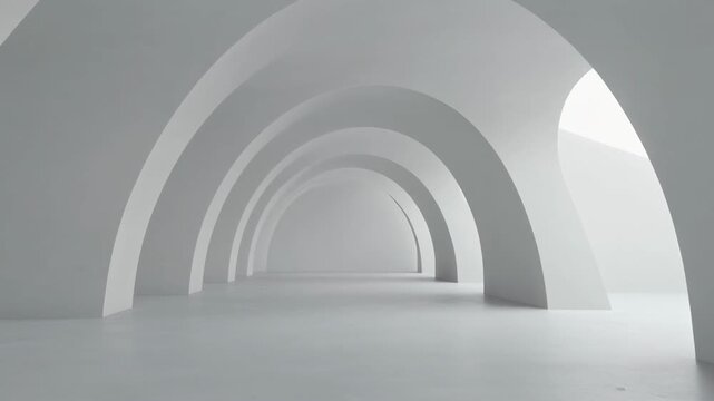 Modern White Arches Tunnel Background Seamless Loop. Minimalist Architectural Design.