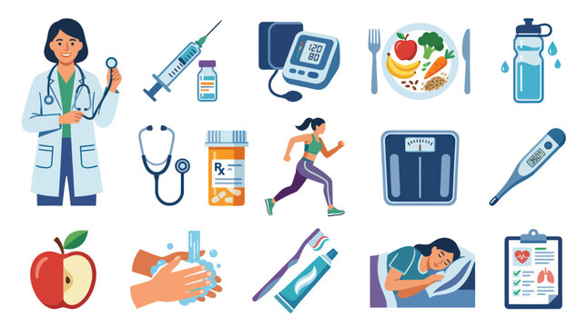 Medical Healthcare Vector Icons: Doctor, Syringe, Blood Pressure Monitor, Healthy Food, Water Bottle