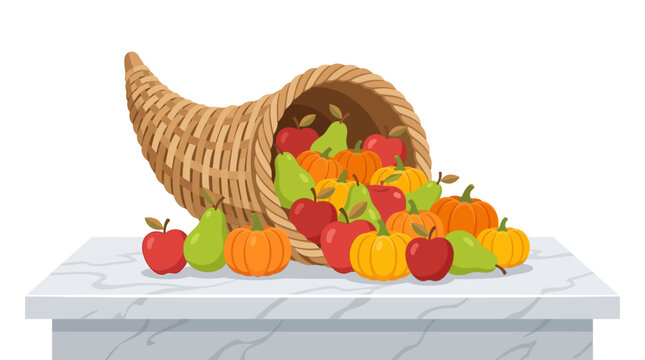 Traditional wicker cornucopia overflowing with pumpkins and autumn fruits on marble table flat vector illustration.