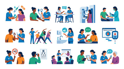 Fototapeta premium Medical Healthcare Prevention, Check-up, and Patient Care Flat Illustration Set with Doctors, Nurses, and Patients