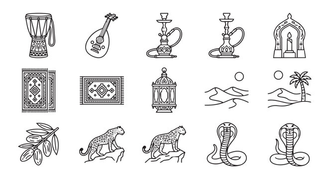 Middle eastern culture and desert wildlife icons set with wildlife tradition landscape instrument oriental