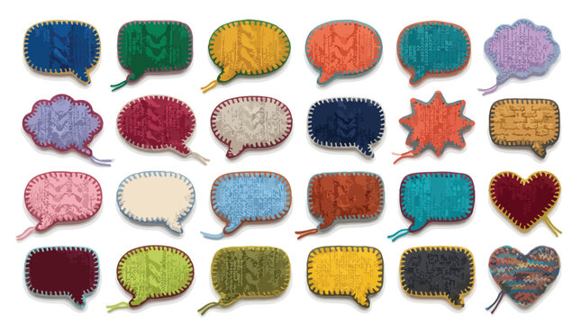 Knitted speech bubbles collection, 24 colorful yarn texture chat icons, cozy wool fabric message clouds, winter textile communication elements vector isolated PNG with Transparent Background