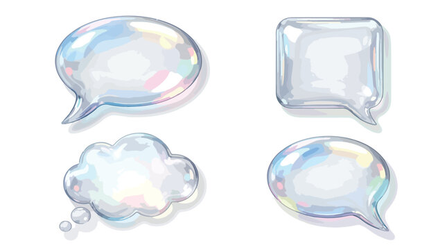Iridescent soap bubble speech bubbles, glossy glass chat icons with rainbow reflections, set of 4 transparent liquid talk clouds for messaging isolated PNG with Transparent Background