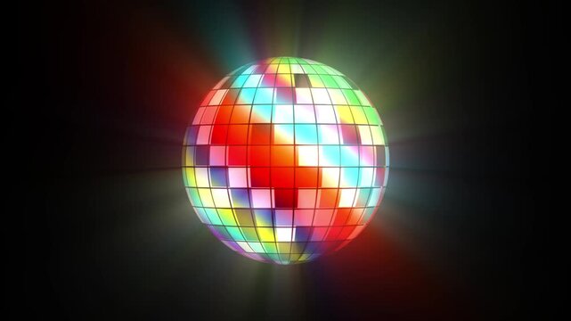 Abstract spinning disco ball with vibrant colorful reflections and dynamic light rays in motion.