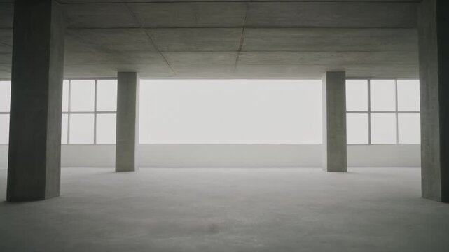 Moving through an empty concrete interior of a building under construction.