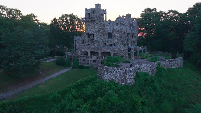 Summer aerial view featuring Gillette Castle in East Haddam, Connecticut at sunrise