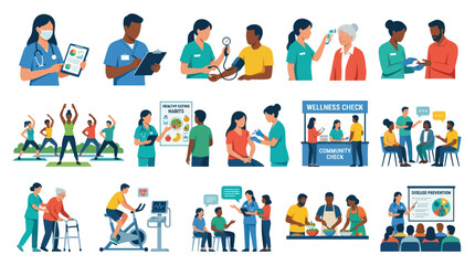 Fototapeta premium Flat Vector Icons: Medical Healthcare, Wellness Check, Community Health, Disease Prevention