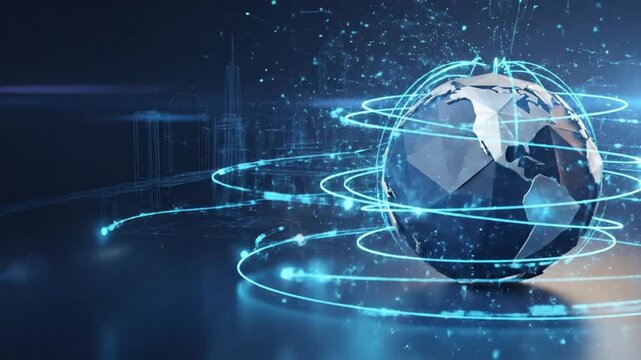 4K corporate tech animation of low poly digital globe with flowing blue light trails and network data loop