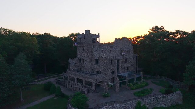 Summer aerial view featuring Gillette Castle in East Haddam, Connecticut at sunrise