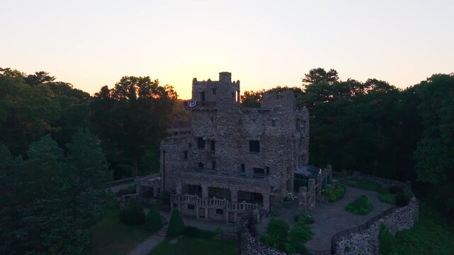 Summer aerial view featuring Gillette Castle in East Haddam, Connecticut at sunrise