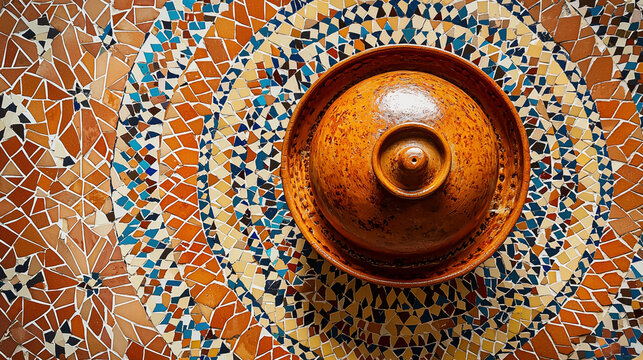 Moroccan ceramic tagine cooking pot on traditional zellige mosaic tile table