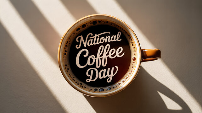 Top-down view of a coffee cup with 'National Coffee Day' written in foam, illuminated by striped sunlight.