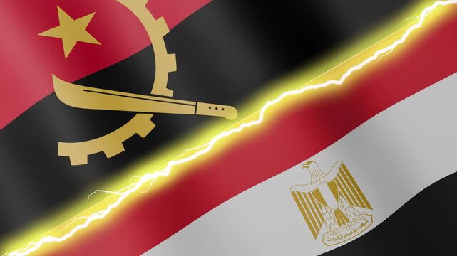 Two waving flags Angola and Egypt with diagonal lightning seamless, 4k loop