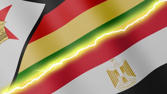 Two waving flags Zimbabwe and Egypt with diagonal lightning seamless, 4k loop
