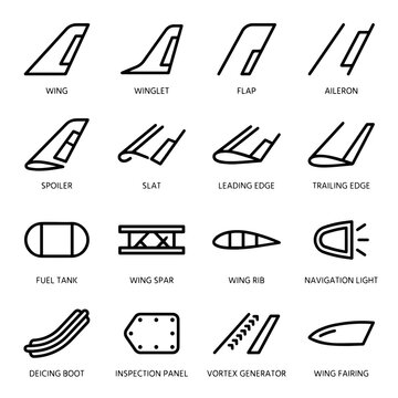 Aircraft airplane component linear icon set with aircraft airplane aerospace