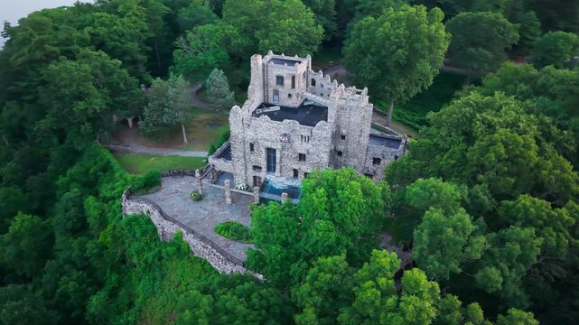 Summer aerial view featuring Gillette Castle in East Haddam, Connecticut at sunrise