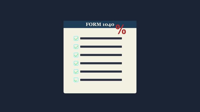 Form 1040 tax return filing process animation with checkmarks and percentage symbol for financial planning and accounting 4k
